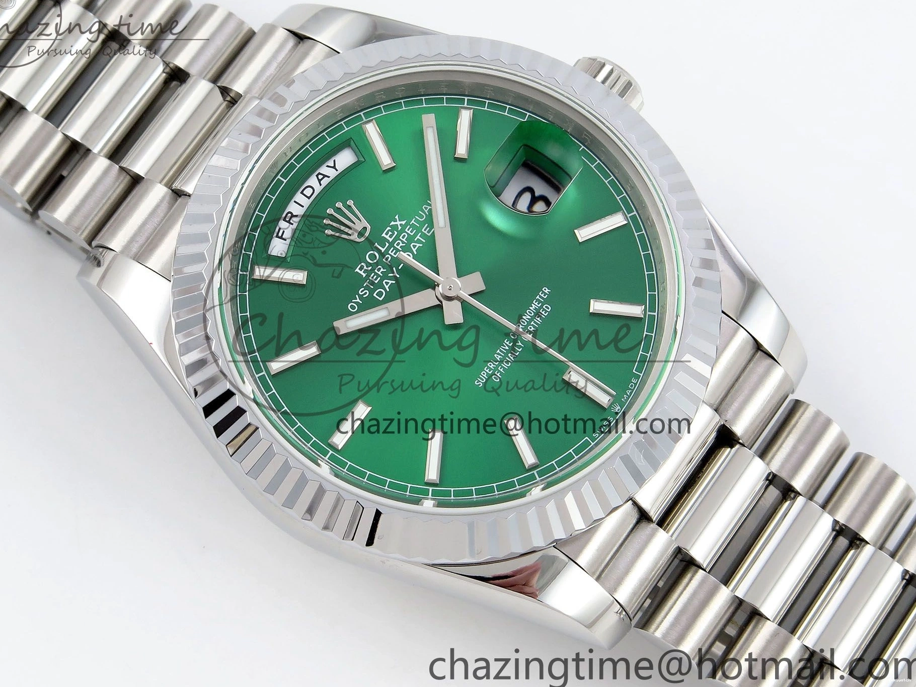 Stick Steel SS 40 Dial (Gain V3 Light JDF Weight) President Green DayDate on VR3255 904L Bracelet 0401